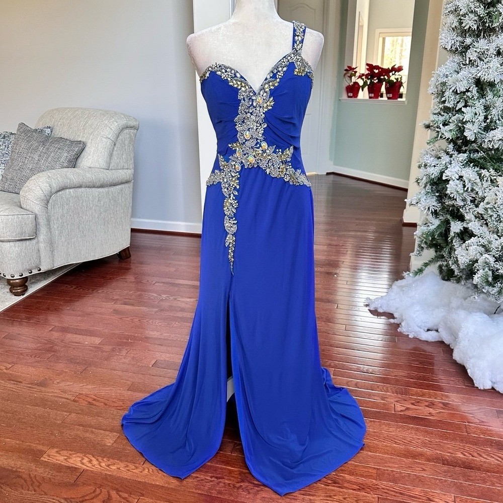 Vintage May Queen USA Royal‎ Blue One Shoulder Embellished Gown Dress Size 12